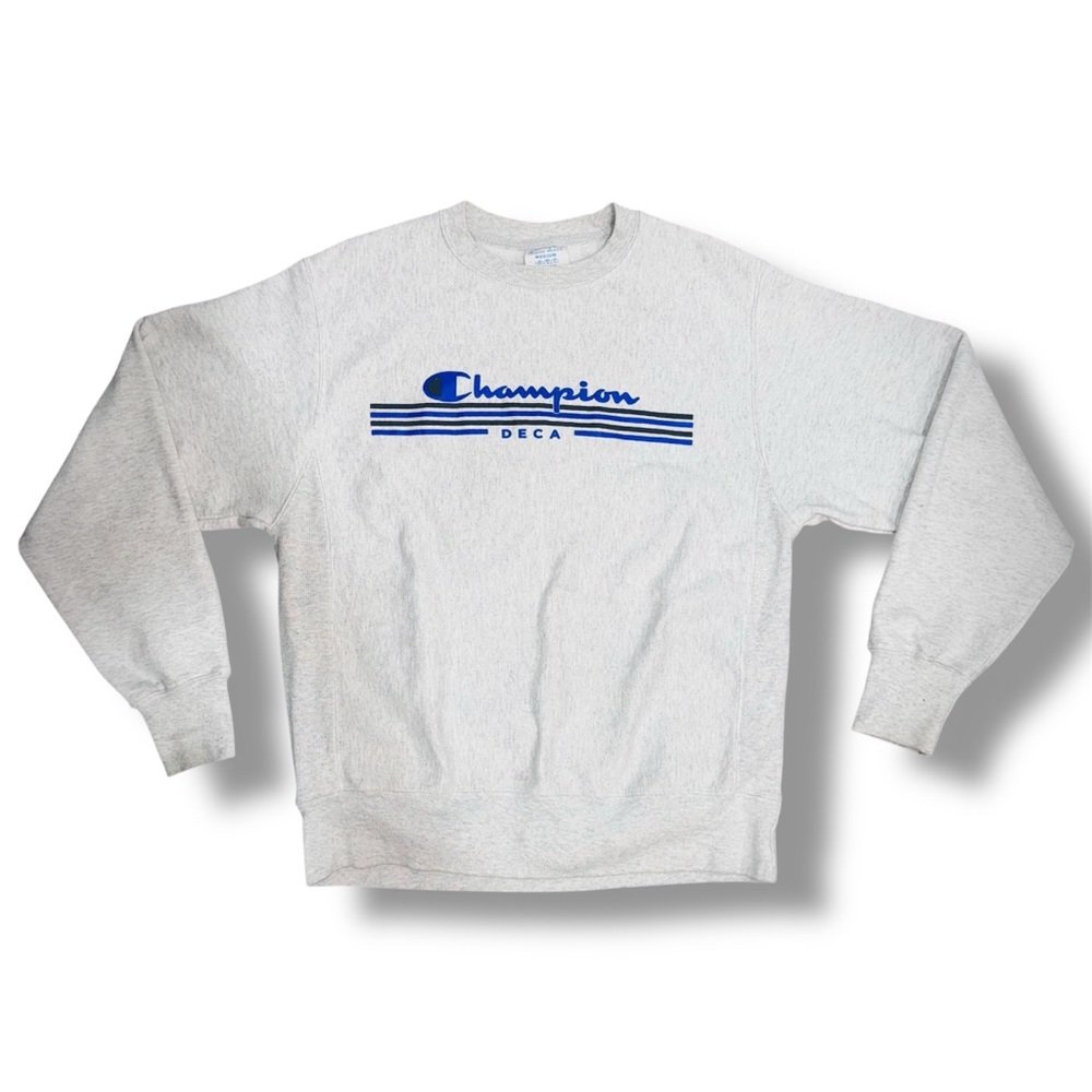 Heavyweight Grey Champion Deca Crewneck with Blue & Black Champion Design